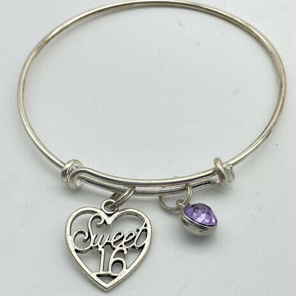 Expandable Charm Bracelet Silver Tone Sweet 16 Lavender Color Gem March Gift - Picture 1 of 3